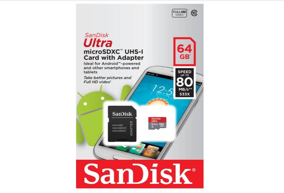 SanDisk microSDXC 64GB ULTRA with Adapter - USH-1, CL 10, Compatable with Android 10