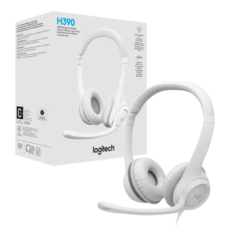 Logitech H390 Headset with Microphone - USB / In-Line Controls / White