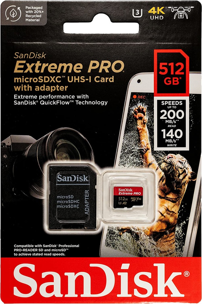 Sandisk Extreme Pro - MicroSDXC Memoria de 512GB / UHS-I U3 / Class10 / Con adaptador