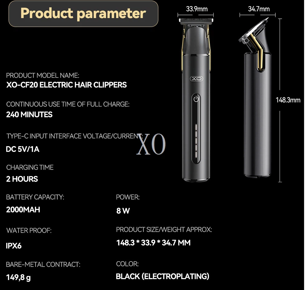 XO CF20 Mini Hair Clipper 4pcs. Magnetic Limit Comb