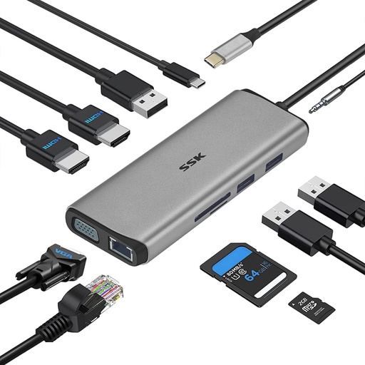 [SSK-MSC-DOK-SC200-NA-222] SSK SC200 USB-C Docking Sattion - 2x HDMI / USB-A / USB 2x 3.0 / RJ45 / Gris