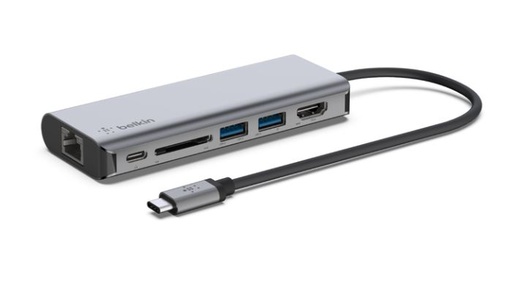 [BEL-MSC-ACC-AVC008BT-GY-123] Belkin AVC008BTSGY Connect- Hub 6-en-1 USB-C para MAC y IPAD / RJ45 / HDMI / VGA / 2x USB 3.0 / 1 x SDHC / Gris