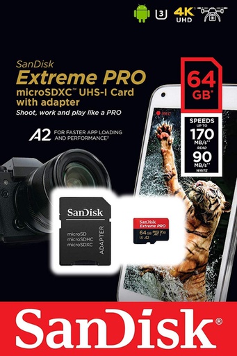 [SAN-MEM-MSD-SDSQXCU64GB-BK-223] Sandisk Extreme Pro - MicroSDXC Memoria de 64GB / UHS-I U3 / Class10 / Con adaptador