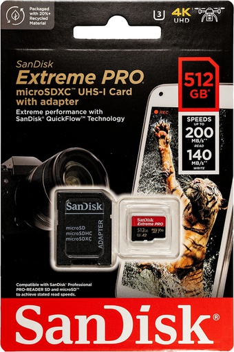 [SAN-MEM-MSD-SDSQXCD512GB-BK-223] Sandisk Extreme Pro - MicroSDXC Memoria de 512GB / UHS-I U3 / Class10 / Con adaptador