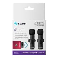 [MIC-CON-STE-MOV029-BK-225] Steren Kit de 2*Micrófono Inalambrico de Solapa - Conexión USB-C, Lighting, USB2.0 - hasta 10m, Batería recargable, Estuche viajero